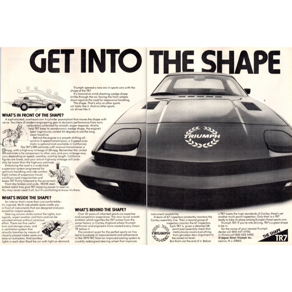 1979 Triumph TR7 TR-7 Sports Car 2 page Vintage Print Ad Get in Shape Wall Art